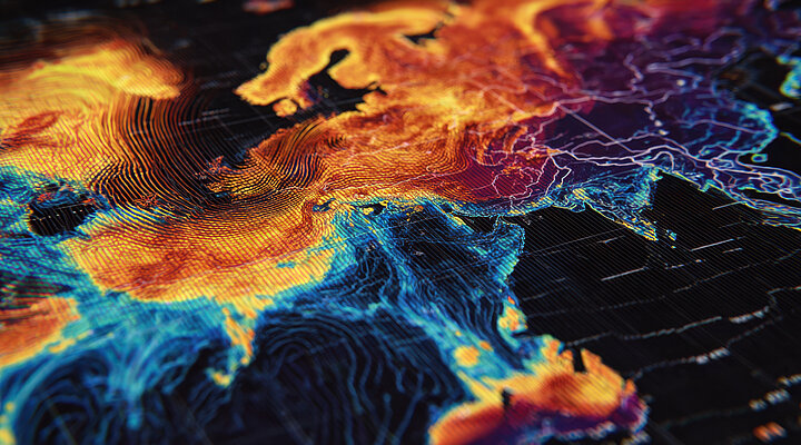 Map showing a major heatwave with record temperatures as they have happened across Asia and Europe. 