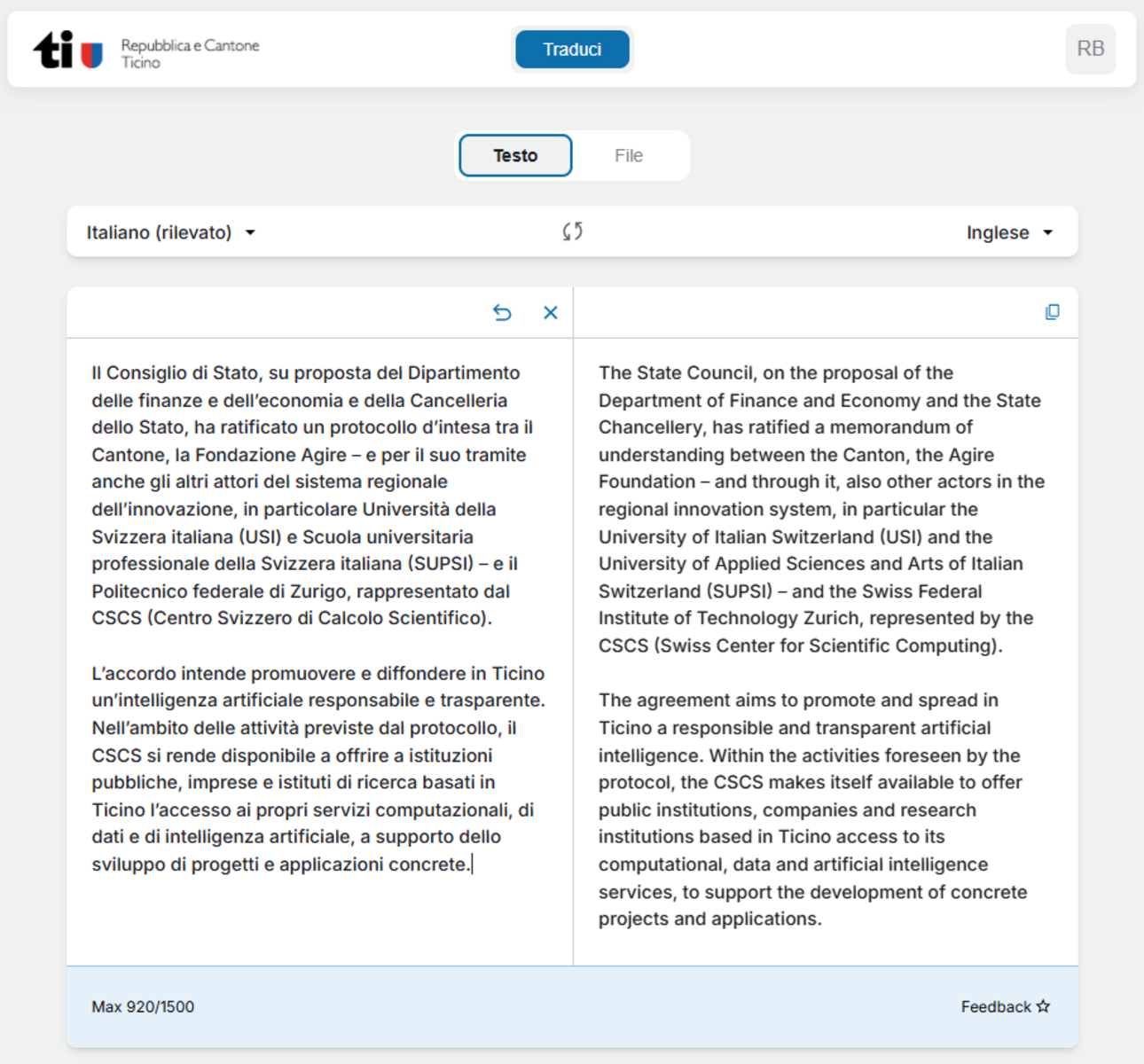Screenshot of Apertus-based translation tool with example text.